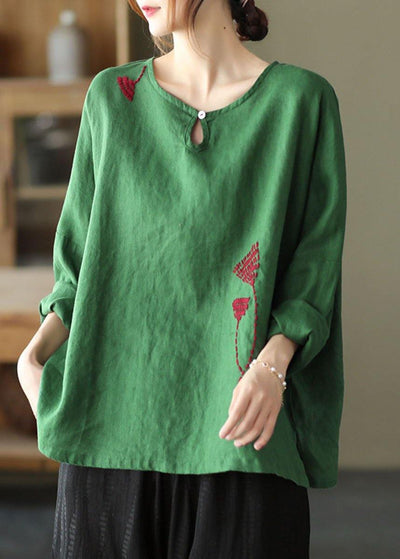 Plus Size Green Loose Embroideried Fall Linen Shirt Tops Long Sleeve - bagstylebliss