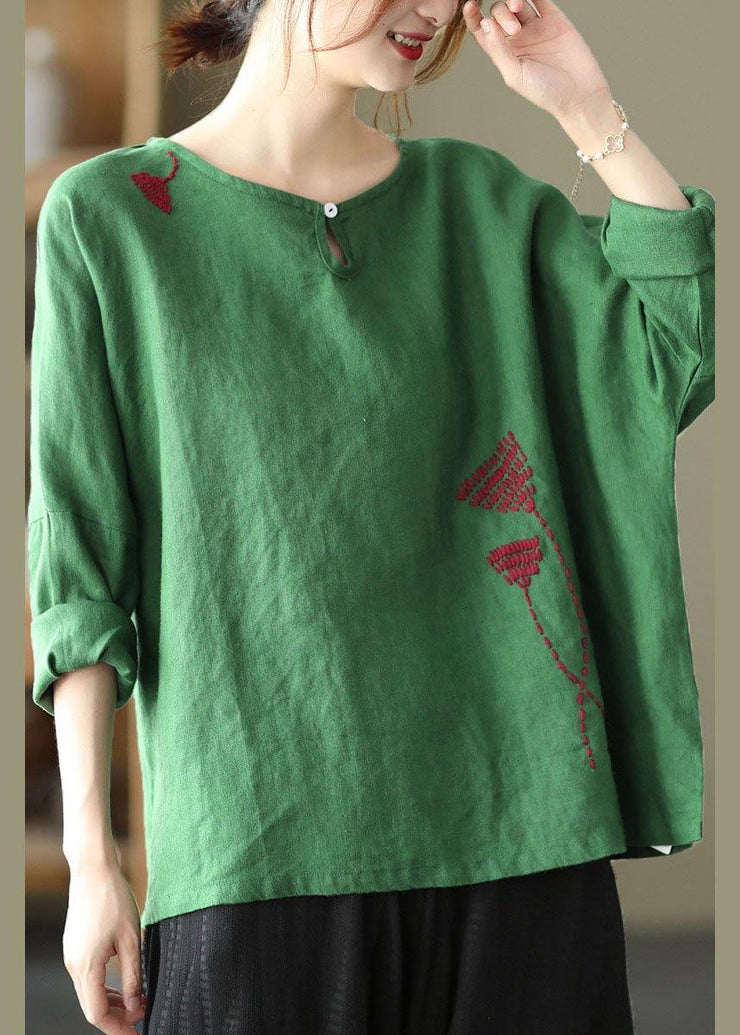 Plus Size Green Loose Embroideried Fall Linen Shirt Tops Long Sleeve - bagstylebliss