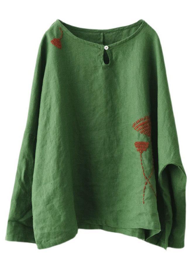 Plus Size Green Loose Embroideried Fall Linen Shirt Tops Long Sleeve - bagstylebliss