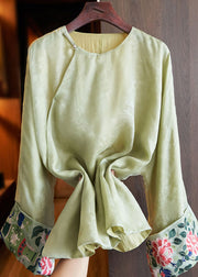 Plus Size Green O-Neck Asymmetrical Embroidered Silk Shirts Fall