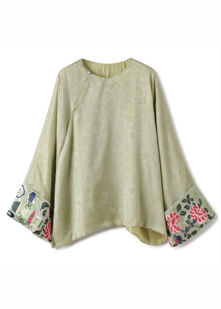 Plus Size Green O-Neck Asymmetrical Embroidered Silk Shirts Fall