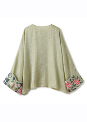 Plus Size Green O-Neck Asymmetrical Embroidered Silk Shirts Fall