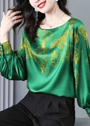 Plus Size Green O-Neck Butterfly Print Silk Blouse Tops Long Sleeve