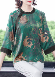 Plus Size Green O-Neck Patchwork Print Silk Shirt Tops Bracelet Sleeve