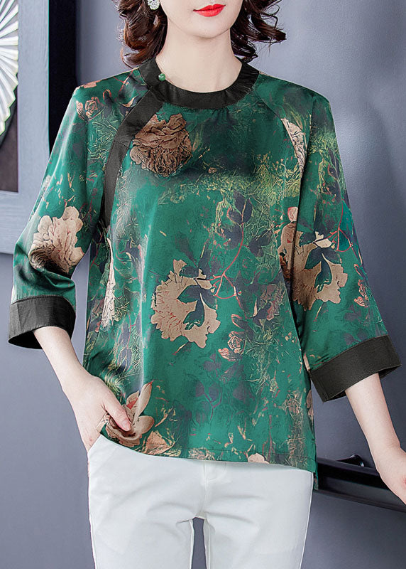 Plus Size Green O-Neck Patchwork Print Silk Shirt Tops Bracelet Sleeve