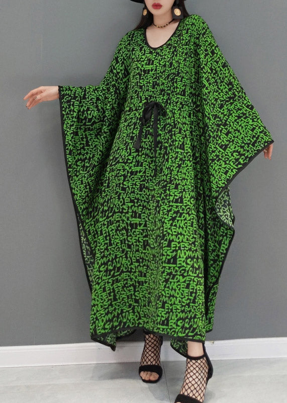 Plus Size Green O-Neck Print Batwing Dresses Long Sleeve