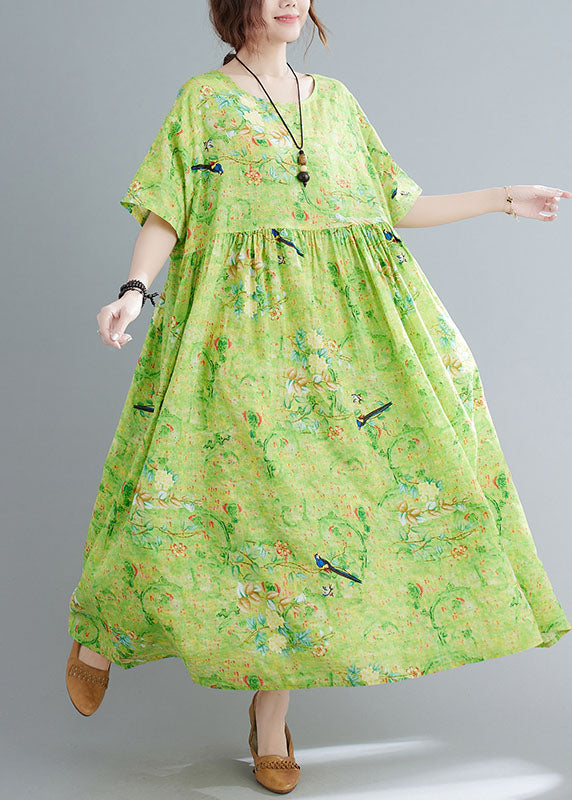 Plus Size Green O-Neck Print Exra Large Hem Wrinkled Cotton Long Dress Short Sleeve