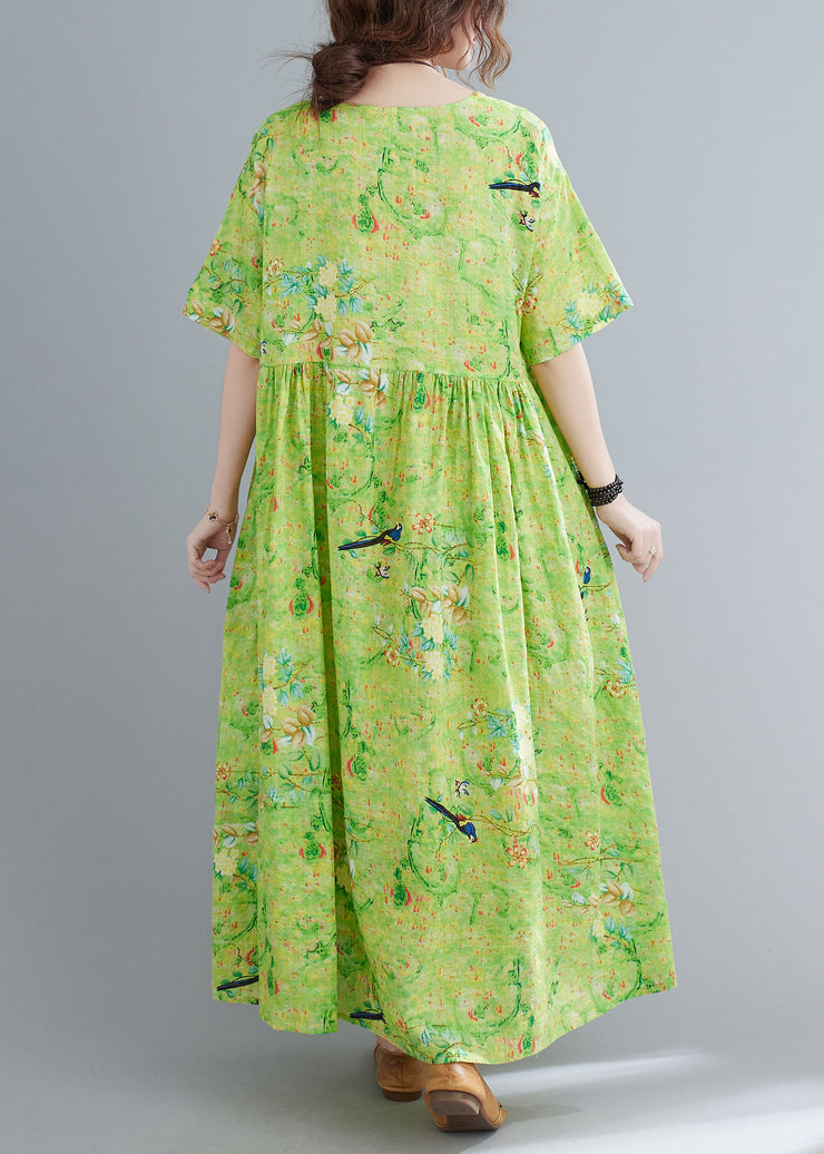 Plus Size Green O-Neck Print Exra Large Hem Wrinkled Cotton Long Dress Short Sleeve