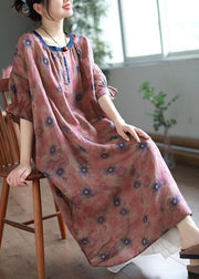 Plus Size Green O Neck Print Linen Long Dresses Half Sleeve