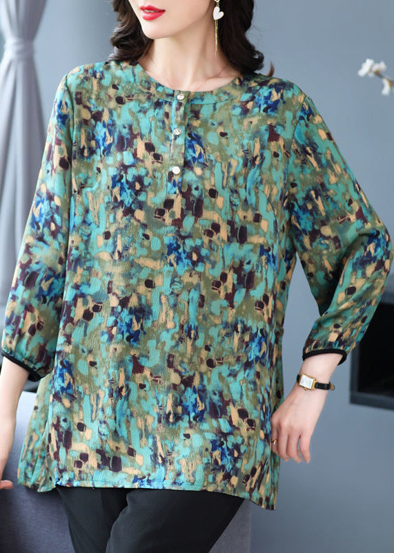 Plus Size Green O Neck Print Patchwork Cotton Top Fall