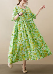 Plus Size Green O-Neck Wrinkled Patchwork Cotton Long Dress Short Sleeve