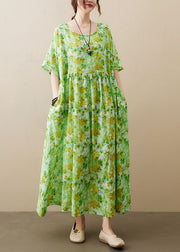 Plus Size Green O-Neck Knitted Patchwork Cotton Long Dress Short Sleeve