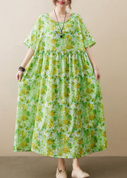 Plus Size Green O-Neck Wrinkled Patchwork Cotton Long Dress Short Sleeve