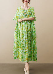 Plus Size Green O-Neck Knitted Patchwork Cotton Long Dress Short Sleeve