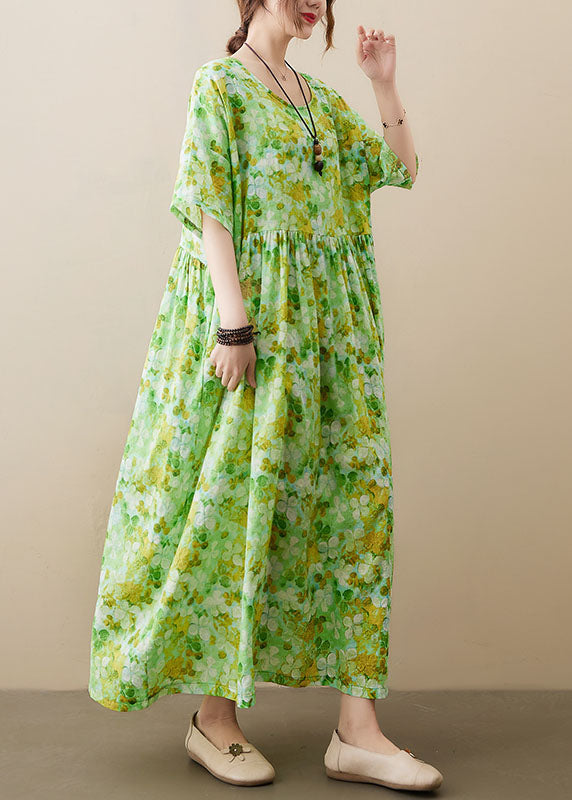 Plus Size Green O-Neck Wrinkled Patchwork Cotton Long Dress Short Sleeve