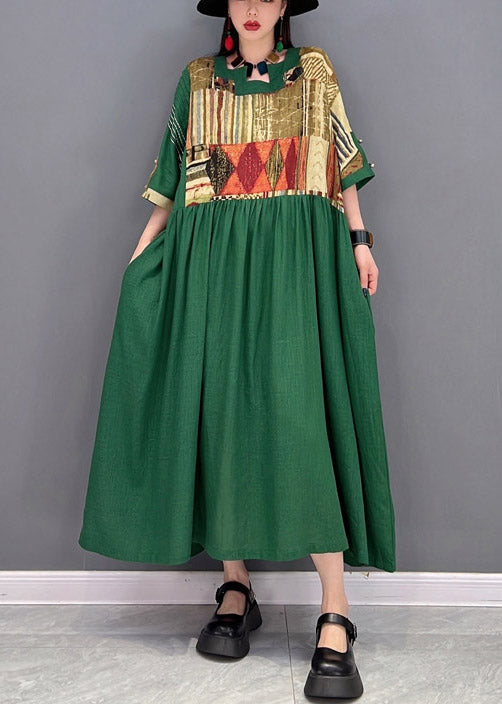 Plus Size Green O-Neck wrinkled Patchwork Long Dress Half Sleeve