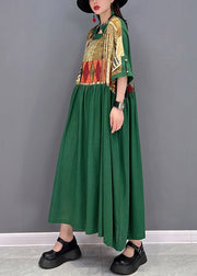 Plus Size Green O-Neck wrinkled Patchwork Long Dress Half Sleeve