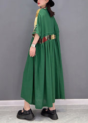 Plus Size Green O-Neck wrinkled Patchwork Long Dress Half Sleeve