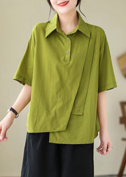 Plus Size Green Peter Pan Collar Asymmetrical Cotton Shirt Top Summer