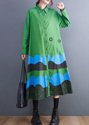 Plus Size Green Peter Pan Collar Button Print Shirt Dress Spring