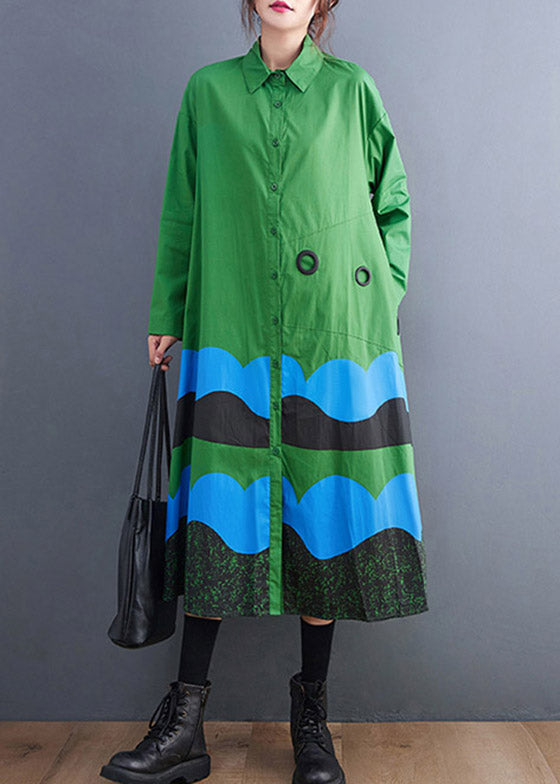 Plus Size Green Peter Pan Collar Button Print Shirt Dress Spring