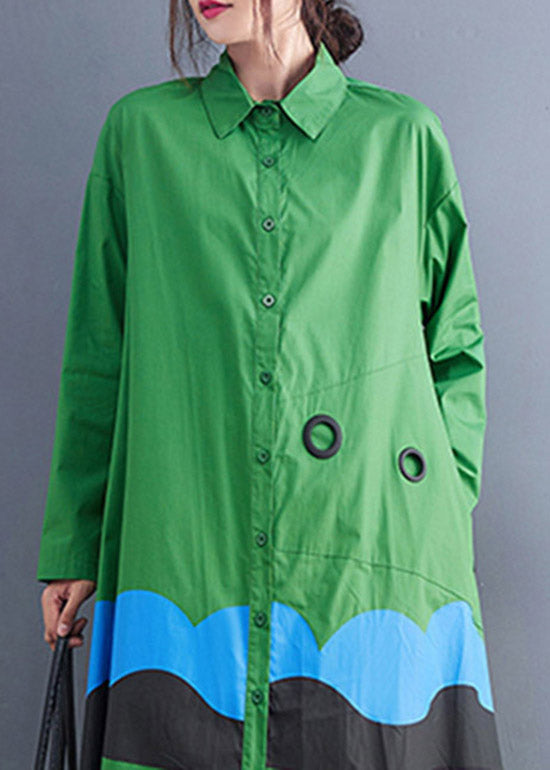 Plus Size Green Peter Pan Collar Button Print Shirt Dress Spring