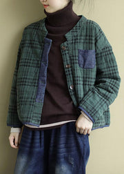 Plus Size Green Plaid Button Patchwork Winterjacken Langarm