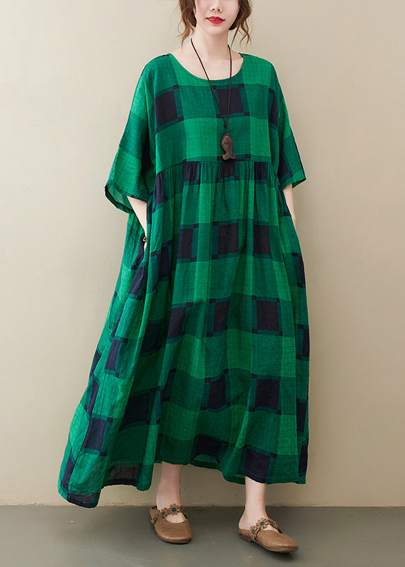 Plus Size Green Plaid O-Neck Pockets zerknitterte lange Kleider Half Sleeve