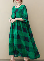 Plus Size Green Plaid O-Neck Pockets zerknitterte lange Kleider Half Sleeve