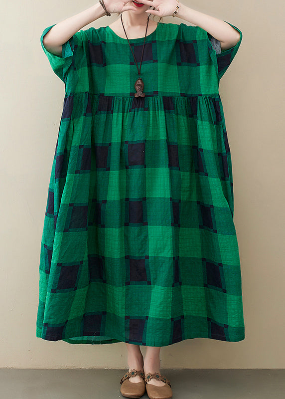 Plus Size Green Plaid O-Neck Pockets wrinkled Long Dresses Half Sleeve