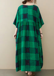 Plus Size Green Plaid O-Neck Pockets zerknitterte lange Kleider Half Sleeve