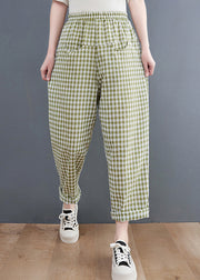 Plus Size Green Plaid elastic waist Plaid Linen Pants Spring