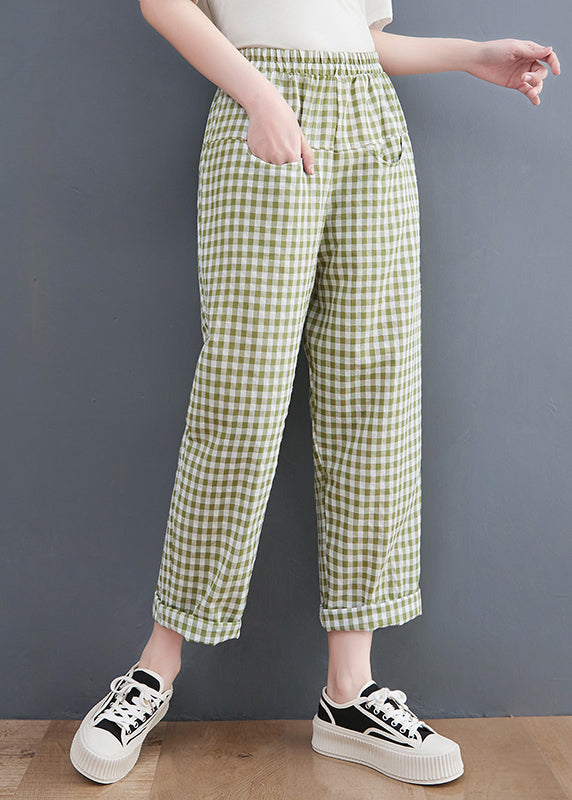 Plus Size Green Plaid elastic waist Plaid Linen Pants Spring