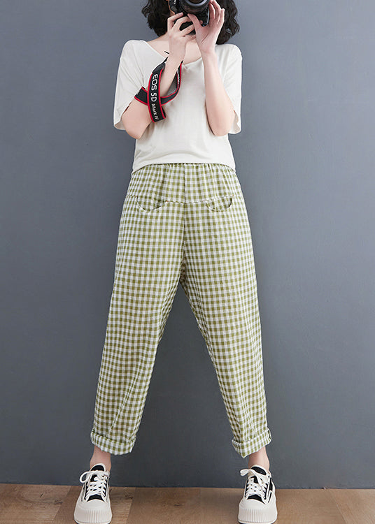 Plus Size Green Plaid elastic waist Plaid Linen Pants Spring