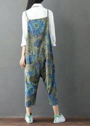 Plus Size Green Print Cotton Denim Jumpsuit Ripped Jeans Spring