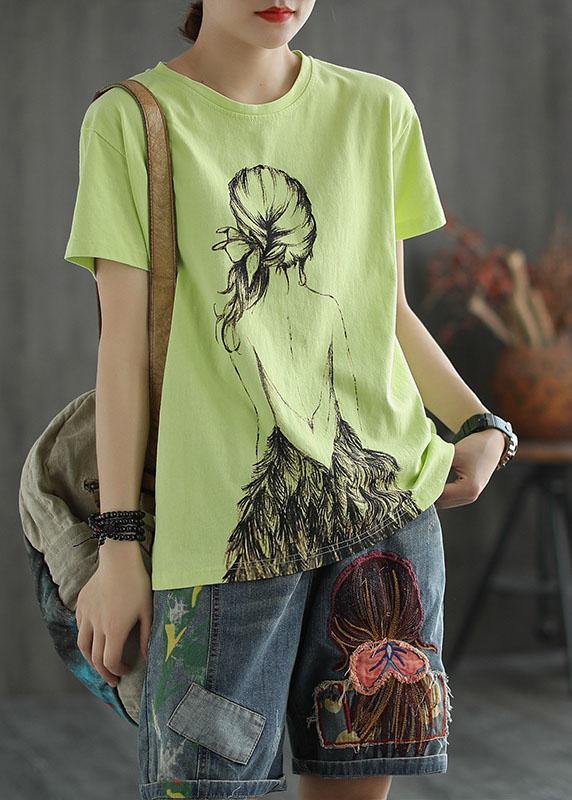 Plus Size Green Print O-Neck Cotton T Shirt Summer - bagstylebliss