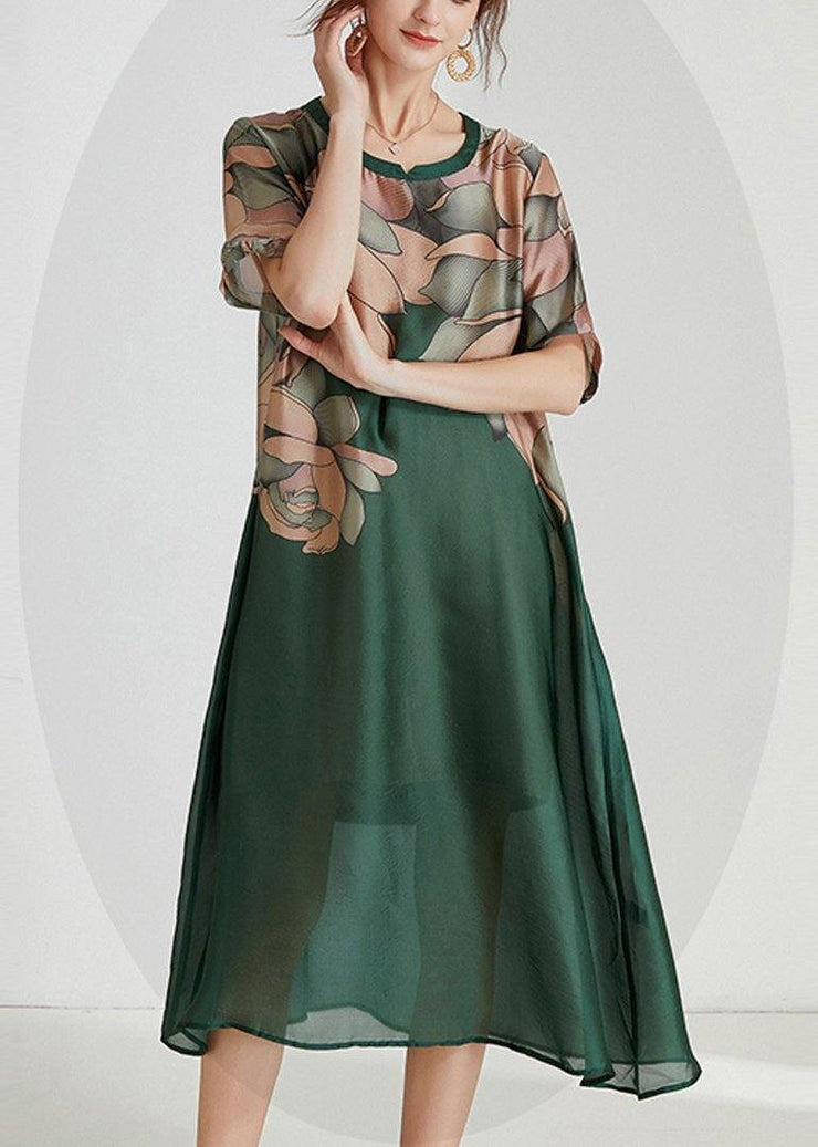 Plus Size Green Print O-Neck Holiday Summer Chiffon Dress - bagstylebliss
