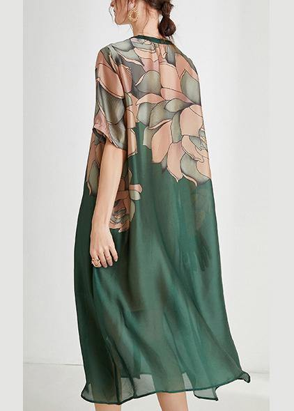 Plus Size Green Print O-Neck Holiday Summer Chiffon Dress - bagstylebliss