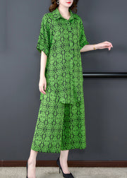 Plus Size Green Print Tops And Pants Chiffon Two Pieces Set Summer