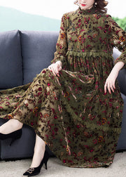 Plus Size Green Ruffled Patchwork Jacquard Fall Holiday Dress Long sleeve