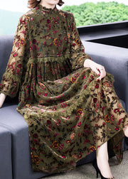 Plus Size Green Ruffled Print Velour Dresses Spring