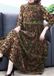 Plus Size Green Ruffled Print Velour Dresses Spring