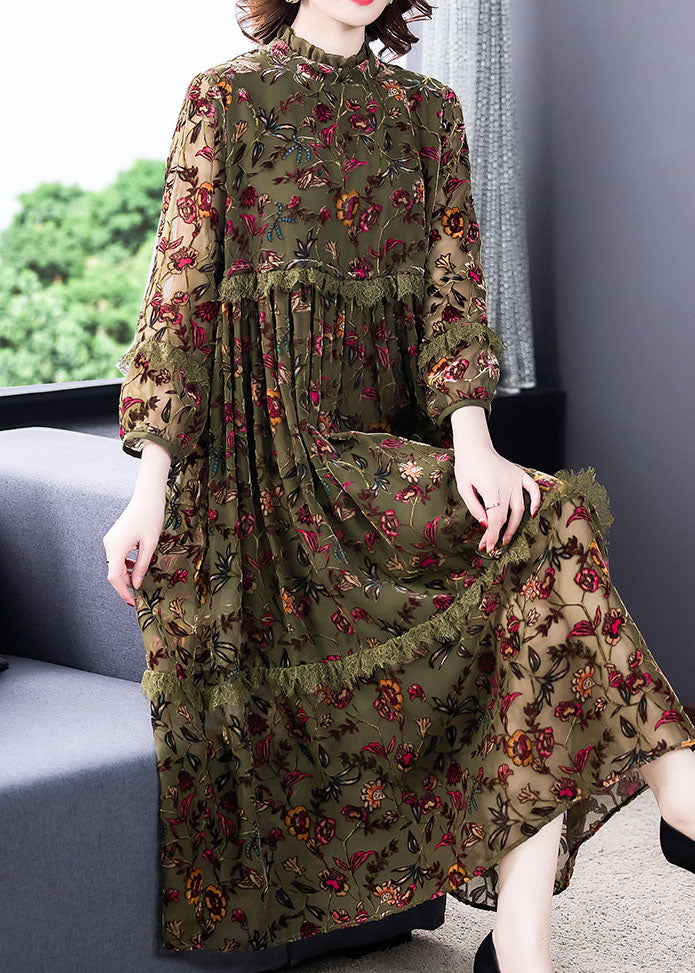 Plus Size Green Ruffled Print Velour Dresses Spring