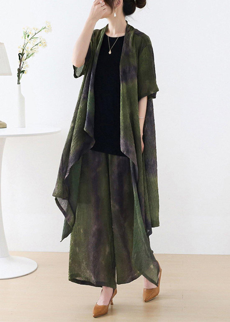 Plus Size Green Silk Blended Tie Dye asymmetrical Wide Leg Design Two Piece Set - bagstylebliss