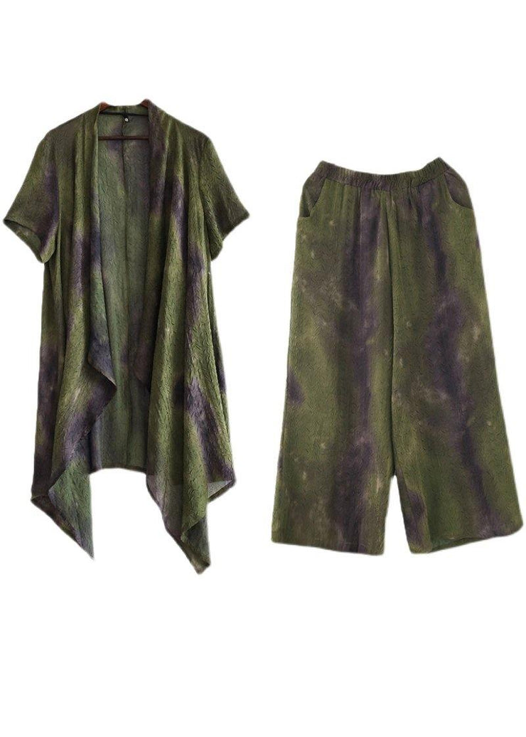 Plus Size Green Silk Blended Tie Dye asymmetrical Wide Leg Design Two Piece Set - bagstylebliss