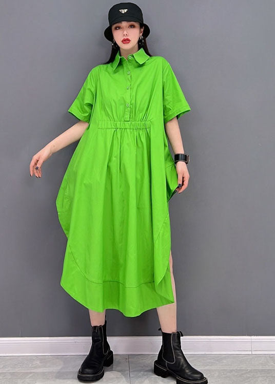 Plus Size Green Solid Asymmetrical Design Cotton Long Blouse Tops Short Sleeve