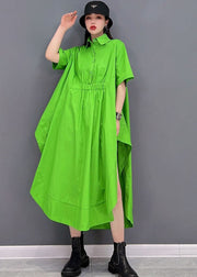 Plus Size Green Solid Asymmetrical Design Cotton Long Blouse Tops Short Sleeve