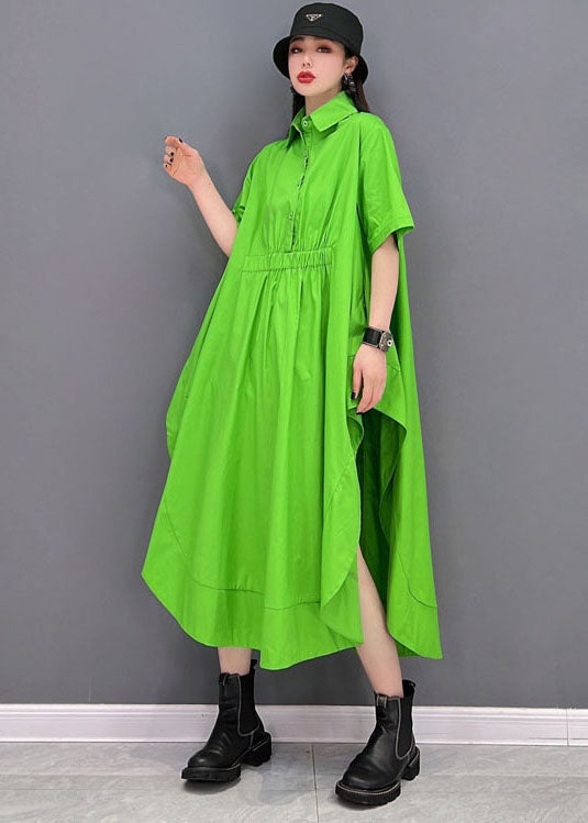 Plus Size Green Solid Asymmetrical Design Cotton Long Blouse Tops Short Sleeve