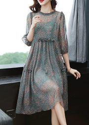 Plus Size Green Stand Collar Ruffled Print Draping Chiffon Dress Bracelet Sleeve