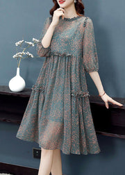 Plus Size Green Stand Collar Ruffled Print Draping Chiffon Dress Bracelet Sleeve